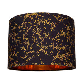 Modern Black Cotton Fabric 12 Lamp Shade with Gold Foil Floral Decoration