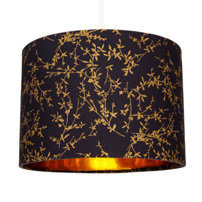 Modern Black Cotton Fabric 12" Lamp Shade with Gold Foil Floral Decoration