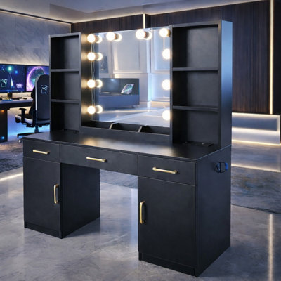 MODERN BLACK DRESSING TABLE WITH LED MIRROR, STOOL, USB & POWER SOCKET