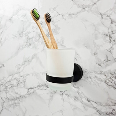 Modern Black Finish Toothbrush Holder with Glass Cup Wall Mounted Accessory
