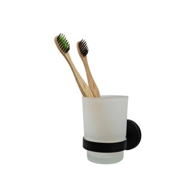 Modern Black Finish Toothbrush Holder with Glass Cup Wall Mounted Accessory