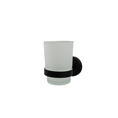 Modern Black Finish Toothbrush Holder with Glass Cup Wall Mounted Accessory - 3