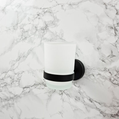 Modern Black Finish Toothbrush Holder with Glass Cup Wall Mounted Accessory - 4