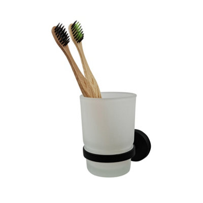 Modern Black Finish Toothbrush Holder with Glass Cup Wall Mounted Accessory - 5