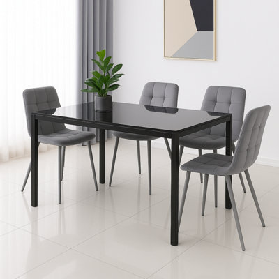 Modern Black Glass Dining Table Set with 4 Grey velvet Chairs Dining ...