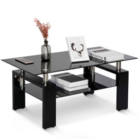 Modern Black Glass living Room Coffee Table with Lower Shelf