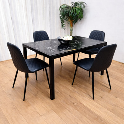 Modern Black Glass Marble Effect Dining Table Set With 4 Black Gem ...