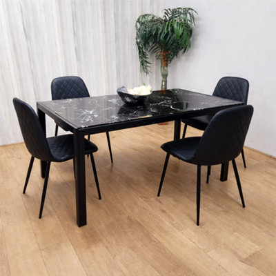 Modern Black Glass Marble Effect Dining Table Set With 4 Black Gem ...