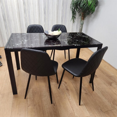 Modern Black Glass Marble Effect Dining Table Set With 4 Black Gem ...