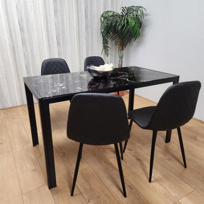 Modern Black Glass Marble Effect Dining Table Set With 4 Black Gem ...