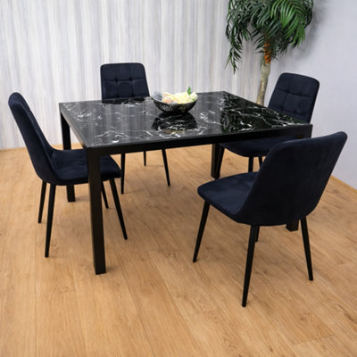 Modern Black Glass Marble Effect Dining Table Set With 4 Black Velvet ...