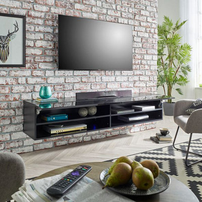 Modern Black Gloss and Matt Floating Wall Mounted TV Cabinet 140cm wide x  29cm deep x 29cm tall