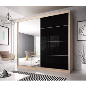 Modern Black Gloss Front & Oak Sonoma Wardrobe W233cm H218cm D61cm with Mirrored Sliding Doors