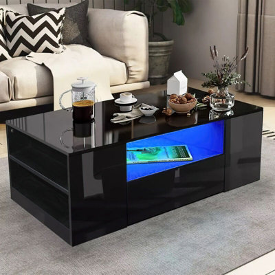 Modern Black High Gloss Coffee Table With LED With Drawers and