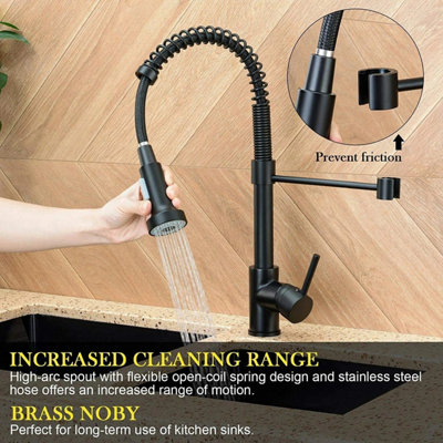 Modern Black Kitchen Mixer Tap, Pull-Out Spring Neck Spray & Single Lever Control