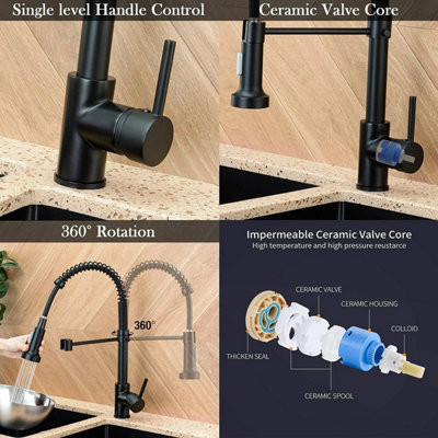 Modern Black Kitchen Mixer Tap, Pull-Out Spring Neck Spray & Single Lever Control
