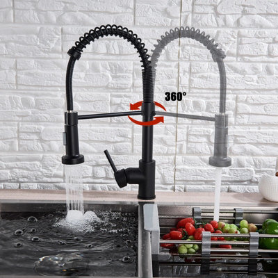 Modern Black Kitchen Mixer Tap, Pull-Out Spring Neck Spray & Single Lever Control