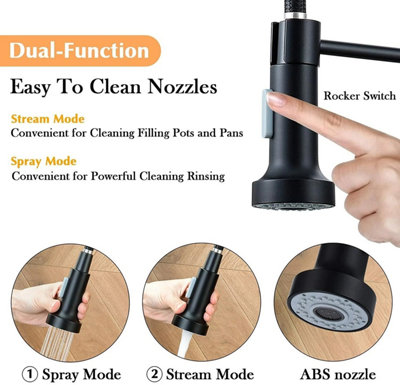 Modern Black Kitchen Mixer Tap, Pull-Out Spring Neck Spray & Single Lever Control