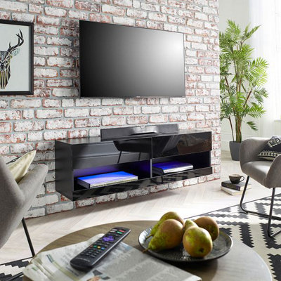 Modern Black Large Gloss and Matt Floating Wall Mounted TV Cabinet with LED lights 140cm wide