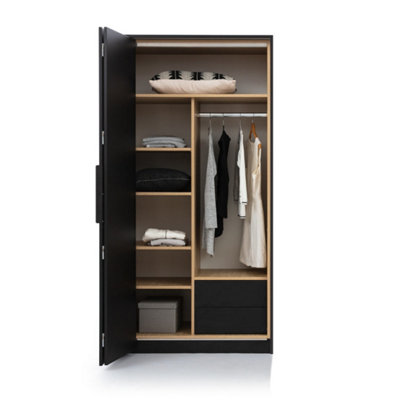 Modern Black Loft Left Folding Door Wardrobe H2040mm W1040mm D650mm with Shelves and Drawers