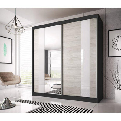 Modern Black Matt Multi Sliding Door Wardrobe W183cm H218cm D61cm - Kathult Oak & White Gloss Front