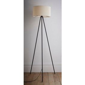 Modern Black Metal Tripod Floor Lamp with Cotton Fabric Lampshade in Cream