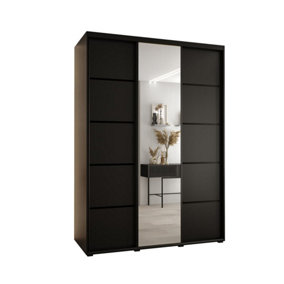 Modern Black Mirrored Cannes V Sliding Wardrobe H2050mm W1800mm D600mm with Custom Black Steel Handles and Decorative Strips