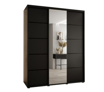 Modern Black Mirrored Cannes V Sliding Wardrobe H2050mm W2000mm D600mm with Custom Black Steel Handles and Decorative Strip