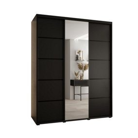 Modern Black Mirrored Cannes V Sliding Wardrobe H2050mm W2000mm D600mm with Custom Black Steel Handles and Decorative Strip