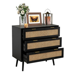 Modern Black Rattan 3-Drawer Bedside Chest with Solid Pine Leg