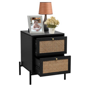 Modern Black Rattan Bedside Table with 2-Drawer for Bedroom, Living Room and Small Spaces W45xD40xH55cm