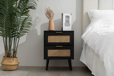 Modern Black Rattan Bedside Table with 2 Drawers and Solid Pine Legs ...