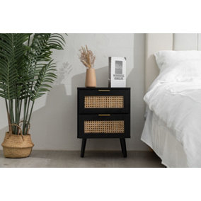 Modern Black Rattan Bedside Table with 2 Drawers and Solid Pine Legs