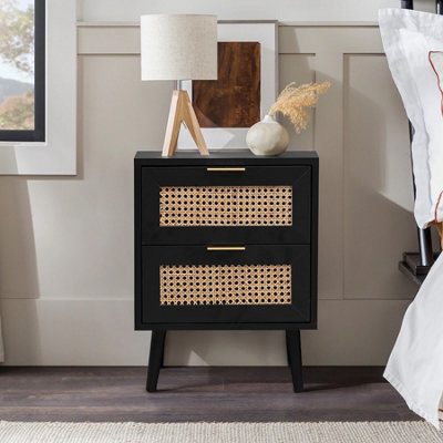 Modern Black Rattan Bedside Table with 2 Drawers for Bedroom, Living Room and Small Spaces