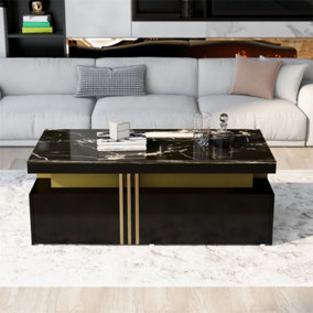 Modern Black Rectangular Coffee Table with PVC Pattern Top and 2 Wooden Drawers, Living Room Table, 100x50x40cm