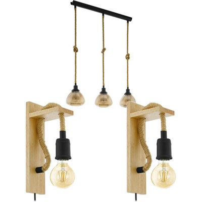 Modern Black Rope Linear Ceiling Pendant and Wall Light Set with Amber Glass Shades