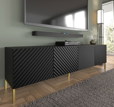 Modern Black Surf TV Cabinet with Gold Legs (W)200cm (H)56cm (D)42cm - Seamless & Sophisticated