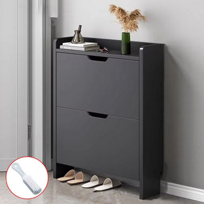 Modern Black Wooden Shoe Cabinet with 2 Tilt-Out Drawers - Slim & Space-Saving Storage Organiser
