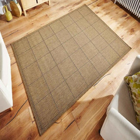 Modern Bordered Chequered Flatweave Natural Anti-Slip Brown Rug for Dining Room-120cm X 160cm