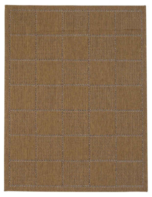 Modern Bordered Chequered Flatweave Natural Anti-Slip Brown Rug for Dining Room-160cm X 225cm