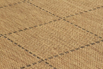 Modern Bordered Chequered Flatweave Natural Anti-Slip Brown Rug for Dining Room-60cm X 110cm