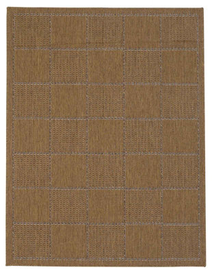 Modern Bordered Chequered Flatweave Natural Anti-Slip Brown Rug for Dining Room-60cm X 110cm