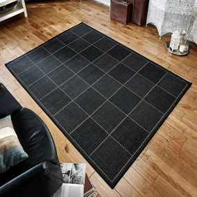 Modern Bordered Easy to Clean Chequered Flatweave Anti-Slip Black Rug for Dining Room-60cm X 110cm