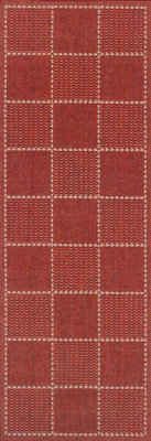 Modern Bordered Easy to Clean Chequered Flatweave Anti-Slip Red Rug for Dining Room-60cm X 110cm