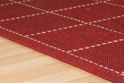 Modern Bordered Easy to Clean Chequered Flatweave Anti-Slip Red Rug for Dining Room-80cm X 150cm