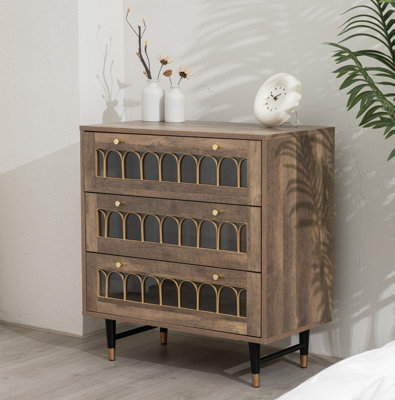 Modern Brown 3-Drawer Chest of Drawers with Metal Rail Accent, Iron Legs, and Templated Glass