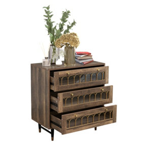 Modern Brown 3-Drawer Chest of Drawers with Metal Rail Accent, Iron Legs, and Templated Glass