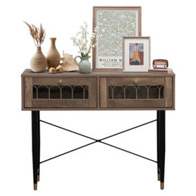 Modern Brown Console Table with 2 Drawers, Metal Rail Accent, Metal Legs, and Tempered Glass