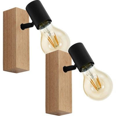 Modern Brown Wood Wall Light Set with Black Bulb Holders - E27 10W Sconces