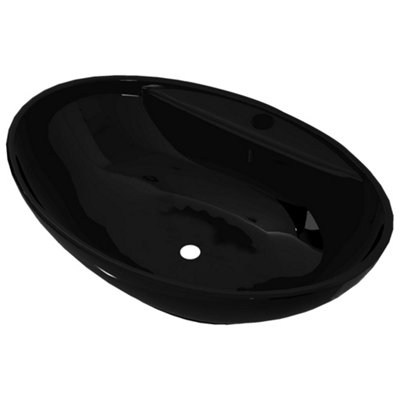 Modern Ceramic Bathroom Sink Basin Faucet/Overflow Hole Black Oval